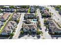 Expansive aerial shot showcasing townhouses, a swimming pool, and surrounding community with landscaped streets at 1110 Rose Blossom Ct, Tampa, FL 33613