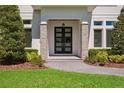 Modern front door with decorative stone columns and manicured landscaping create a welcoming entrance at 16121 Carencia Ln, Odessa, FL 33556