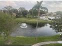 Scenic view of a tranquil lake with a fountain surrounded by lush greenery at 14130 Rosemary Ln # 3312, Largo, FL 33774