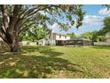 Expansive backyard features mature trees, a large lawn, and a screened-in pool area at 3802 Cloverhill Ct, Brandon, FL 33511