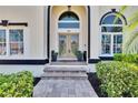 Inviting front entrance with double doors, steps, and a paved walkway, enhanced by neatly trimmed shrubs and potted plants at 706 Bunker View Dr, Apollo Beach, FL 33572