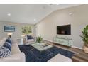 Bright living room featuring vaulted ceilings, wood floors, plush seating, and sliding glass doors at 15409 Coot Rd, Weeki Wachee, FL 34614