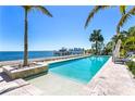 Beautiful waterfront pool with a dock, bay views, and a relaxing lounge area in a tropical setting at 1695 Brightwaters Ne Blvd, St Petersburg, FL 33704