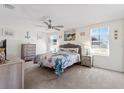 Bright bedroom with neutral carpet, ceiling fan, and lots of natural light at 36541 Night Strawberry Ct, Dade City, FL 33525