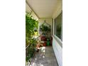 Inviting front porch with potted plants, decorative ironwork, and a textured wall at 7321 San Moritz Dr, Port Richey, FL 34668
