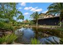 Scenic backyard featuring a serene pond, lush greenery, and palm trees, creating a tranquil oasis at 7775 Still Lakes Dr, Odessa, FL 33556