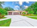 Charming single-story home features a three-car garage and a long driveway and lush green lawn at 12302 Knight Pl, Thonotosassa, FL 33592