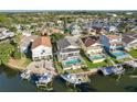 Aerial view of waterfront homes on a canal with private pools and boat docks at 6311 Bayside Dr, New Port Richey, FL 34652