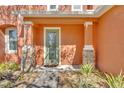 Inviting front entry with decorative stone pillars and a stylish green-framed glass door at 9102 Kentucky Day Ct, Gibsonton, FL 33534