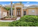 Inviting entrance with double doors, lush landscaping, and architectural details at 10228 Estuary Dr, Tampa, FL 33647