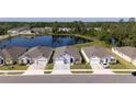 Aerial view of homes in a lakeside community, showcasing well-manicured lawns and neighborhood landscaping at 23231 Scaglione Dr, Lutz, FL 33549