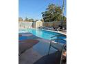 Backyard in-ground pool surrounded by lounge chairs and a shed, great for outdoor relaxation at 1329 Tuscola St, Clearwater, FL 33756