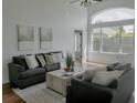 Comfortable living room with soaring ceilings, neutral tones, modern furniture, and lots of light at 10275 Oasis Palm Dr, Tampa, FL 33615