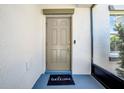 A welcoming entryway with a Welcome mat and a neutral-colored front door at 10612 Strawberry Tetra Dr, Riverview, FL 33578