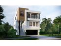 Contemporary three-story house with a balcony, wood details, and a two-car garage at 664 Geneva Pl, Tampa, FL 33606