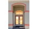 Detailed view of the front door with decorative glass inserts and modern hardware at 14296 Pullman Dr, Spring Hill, FL 34609