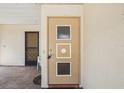 Close-up of the front door with decorative details and adjacent screen door at 1218 Haddington Cir, Sun City Center, FL 33573