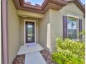 Close-up of front entrance, showcasing the decorative glass door and well-kept landscaping at 1612 Cabbage Key Dr, Ruskin, FL 33570