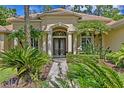 Beautiful front entrance showcasing a landscaped walkway leading to the double doors and architectural details at 5004 Waterkey Way, Tampa, FL 33647