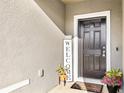 Close up of front door with welcome decorations and sidelight at 10196 Cross Timber Ter, Land O Lakes, FL 34638