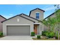 Charming two-story home with a well-manicured lawn, gray exterior, and attached two-car garage at 7331 Canterbury Bells Ct, Tampa, FL 33619