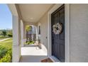 Inviting front porch with a decorative wreath on a black door, and a comfortable seating area to welcome visitors at 13319 Dorado Shores Ave, Riverview, FL 33579