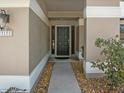 Inviting front entrance with a classic black door and decorative stone pathway at 3171 Roxmere Dr, Palm Harbor, FL 34685
