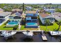 Aerial view highlighting a waterfront home with a pool, dock, and boat lift in a canal community at 6241 Bayside Dr, New Port Richey, FL 34652