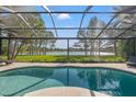 Inviting pool area with a screened enclosure, offering views of the lake and surrounding greenery at 4121 Highland Park Cir, Lutz, FL 33558