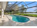 Backyard pool area with a screened enclosure overlooking a serene lake and lush landscaping at 4121 Highland Park Cir, Lutz, FL 33558