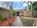 Inviting home entrance with walkway, attractive landscaping with mulch, and a blue front door at 7020 Oakview Cir, Tampa, FL 33634