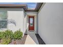 Inviting front entrance featuring a red door with glass detail, flanked by green bushes and a stone walkway at 11422 Calusa Trails Way, Riverview, FL 33569