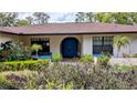 Inviting front entry with a double blue door, colorful landscaping, and manicured shrubs at 23059 Geneva Rd, Land O Lakes, FL 34639