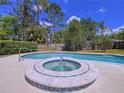 Inviting backyard pool and jacuzzi featuring a mosaic tile trim, set amidst lush landscaping and privacy fencing at 4601 Autumnwind Ct, Tampa, FL 33624
