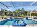 An inviting screened-in pool with a mosaic-tiled spa, accompanied by comfortable seating and a serene outdoor setting at 706 Manns Harbor Dr, Apollo Beach, FL 33572