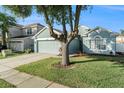 Light blue single-story home with a driveway, attached garage, landscaped yard, and large tree at 9954 N Jasmine Brook E Cir, Land O Lakes, FL 34638