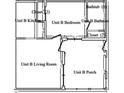 A detailed floorplan of unit B that features one bedroom, one bathroom, kitchen, living room, and porch at 253 Rex Pl # B, Madeira Beach, FL 33708