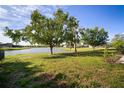 Expansive backyard with lush green grass and mature trees, with serene lake views at 5460 Sandy Shell Dr, Apollo Beach, FL 33572
