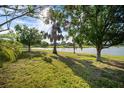 Picturesque backyard with mature trees, lush green grass and lake views at 5460 Sandy Shell Dr, Apollo Beach, FL 33572
