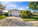 Spacious driveway leading to a two-car garage with a basketball hoop and mature landscaping at 5460 Sandy Shell Dr, Apollo Beach, FL 33572