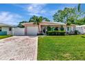 Attractive single-story house featuring a green lawn, palm trees, and a paved driveway to the garage at 940 43Rd Ne Ave, St Petersburg, FL 33703