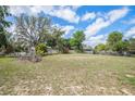 Large, grassy backyard with mature trees and a wood privacy fence at 34796 Hibiscus St, Dade City, FL 33525