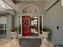 Elegant front door with decorative glass, flanked by potted plants, offering a glimpse into the home's interior at 6805 Monet Cir, Temple Terrace, FL 33617