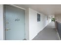 Exterior condo hallway with door 203 and a glimpse of outside at 9945 47Th Ave N # 203, St Petersburg, FL 33708