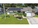 Attractive home featuring solar panels, a green lawn, and palm trees creating a welcoming, energy-efficient facade at 2955 Briar Cliff Dr, Palm Harbor, FL 34684