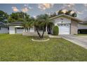 Inviting home exterior with lush lawn, palm tree landscaping, and a clean, well-maintained facade, complete with solar panels at 2955 Briar Cliff Dr, Palm Harbor, FL 34684