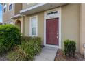 Close-up of a front door, complemented by lush greenery and a tidy walkway at 7029 White Treetop Pl, Riverview, FL 33578