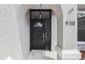 The home's front door features decorative glass, black hardware, and decorative molding at 930 Balsamina Dr, Brandon, FL 33510