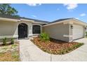 Close up of the front entrance features a dark door and manicured landscaping at 930 Balsamina Dr, Brandon, FL 33510