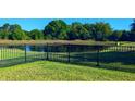 Well manicured backyard features a pond and mature trees with a wrought iron fence at 11412 Autumn Leaf Way, Bradenton, FL 34212